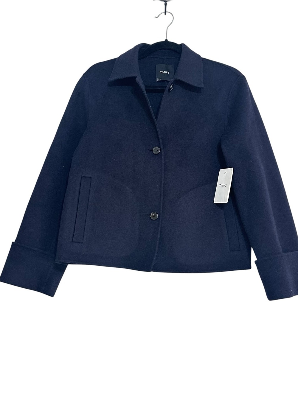 Theory Navy Boxy Cuff Jacket in Double Face Wool Cashmere, Small